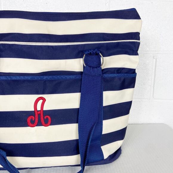 Initials Inc Beach Bag‎ Tote Navy Blue Ivory White Stripe Mesh Bottom Pockets A - Picture 15 of 15